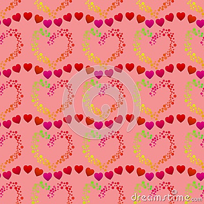 Multicolor dots forming a heart shape and lines of small red hearts, a seamless romantic pattern on a pink background Cartoon Illustration