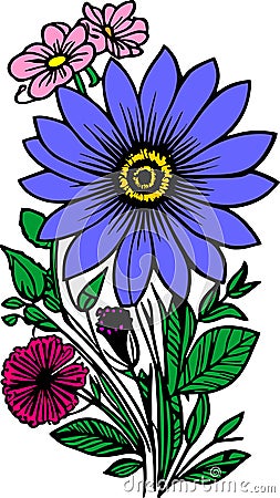 multicolor drawing of a bouquet of wild flowers with a black outline, design Stock Photo
