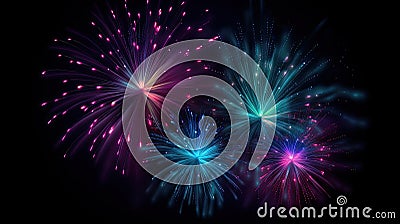 Multicolor fireworks explosion in night black sky. Stock Photo