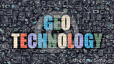 Multicolor Geo Technology on Dark Brickwall. Doodle Style. Stock Photo