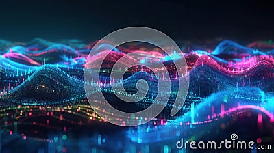 Multicolor glowing data forms complex network over abstract digital landscape. Geometric shapes, particles create futuristic Stock Photo