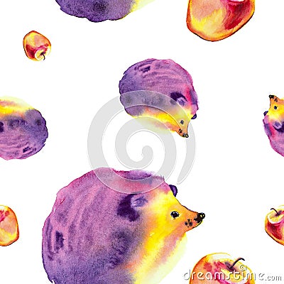 Multicolor hedgehog sits and looks at the colorful apple. Seamless pattern isolated on white background Stock Photo