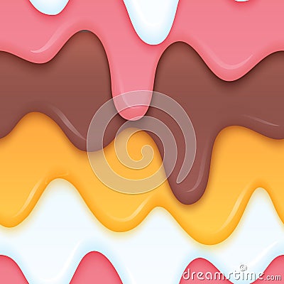 Multicolor ice cream dripping. Liquid layered colorful food concept. Colorful dripping seamless background Vector Illustration