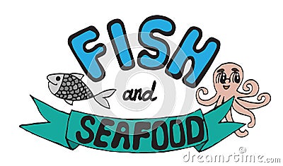 Multicolor inscription fish and seafood Stock Photo