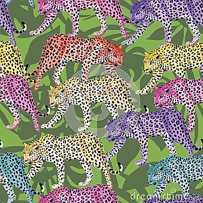 Multicolor leopard pattern seamless green leaves background Vector Illustration