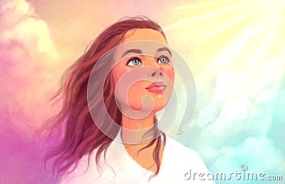 Multicolor light illustration of a portrait of a girl on the sky won. a symbol of hope, freedom, spirituality, liberation, living Cartoon Illustration