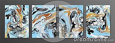 Blue, black and gold marbled paper vector illustrations pack. Modern hand drawn paintings. Vector Illustration