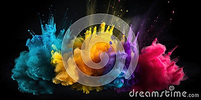 multicolor neon powder holi paints blew up, colorful splashes and drops Stock Photo