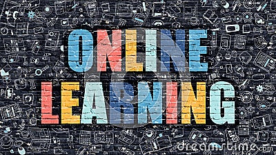 Multicolor Online Learning on Dark Brickwall. Doodle Style. Stock Photo