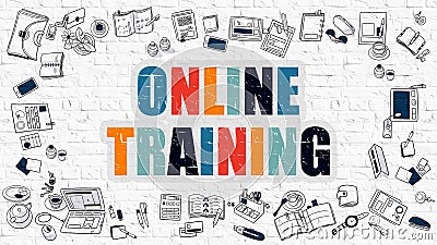 Multicolor Online Training on White Brickwall. Doodle Style. Stock Photo