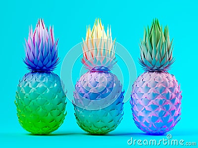 Multicolor pineapples on blue background 3D rendering Stock Photo