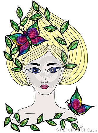 Multicolor portrait of a beautiful girl with butterfly and leaves Vector Illustration