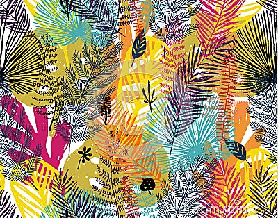 Multicolor print, seamless pattern with trendy autumn background, exotic leaves. Vector botanical illustration, Great Vector Illustration