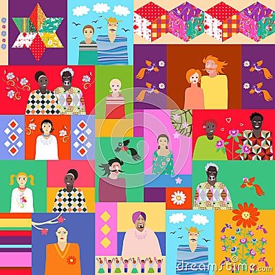 Multicolor quilt with cute cartoon people of different ages and races, flowers, birds and patchwork pattern. Vector Illustration