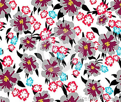Multicolor Seamlees Flowers with Leaves, Designed for Textile Prints. Stock Photo