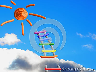 Multicolor staircase through the clouds to the sun to the sky. Stock Photo