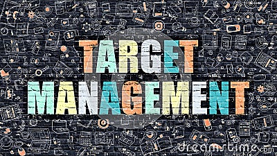 Multicolor Target Management on Dark Brickwall. Doodle Style. Stock Photo