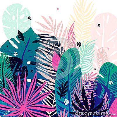 Multicolor trendy tropical background, exotic leaves. Vector botanical illustration, elements for design. Vector Illustration
