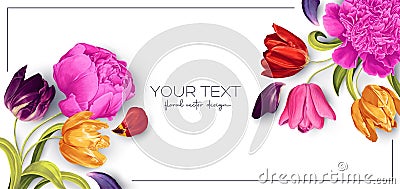 Spring banner with blooming spring flowers. Pink Peonies, yellow, purple, red tulips. Vector Illustration