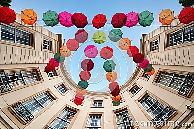 Multicolor umbrellas hanging on the air Stock Photo