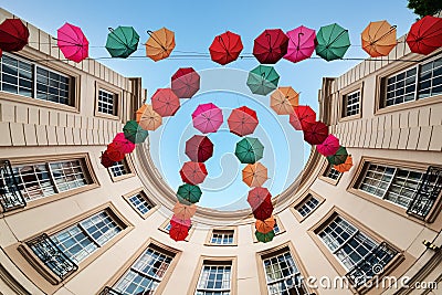 Multicolor umbrellas hanging on the air Editorial Stock Photo