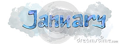 Multicolor Watercolor lettering January on blot. Blue and gray color Stock Photo