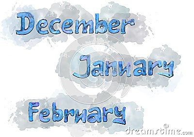 Multicolor Watercolor set lettering winter month on blot. December, January and February enscription. Blue and gray Stock Photo