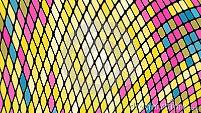 Multicolored abstract background of yellow, blue, pink squares, rhombuses, rectangles tiles, mosaic with seams of glowing magical Vector Illustration