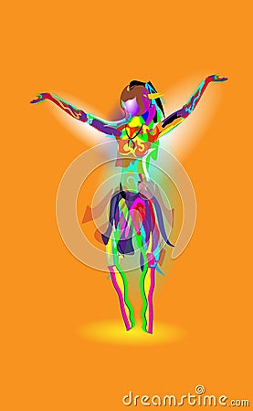 Multicolored abstraction with a dancing girl, colorful woman dancing. Vector orange background Vector Illustration