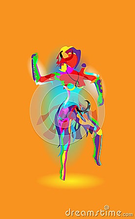 Multicolored abstraction with a dancing girl, colorful woman dancing. Vector orange background Vector Illustration