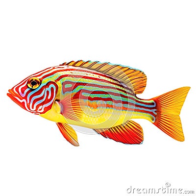 Multicolored aquarium fish on a transparent background, side view. The Clown Wrasse, an red and yellow saltwater Stock Photo