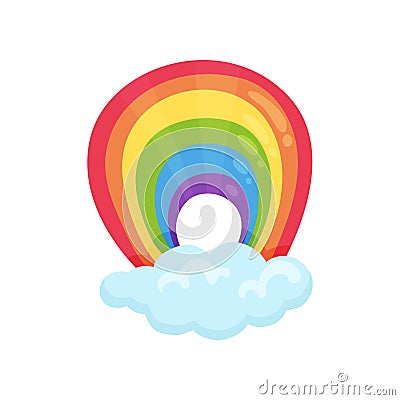 Multicolored arched rainbow and blue fluffy cloud. Flat vector element for children book, mobile game or wall room decor Vector Illustration