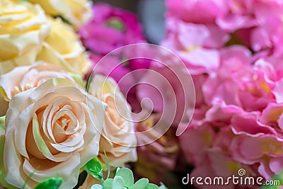 Multicolored artificial rose flowers for gift wrapping. Focus on the foreground. Stock Photo