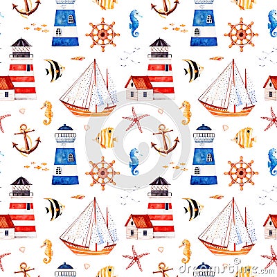 Multicolored background with cute sailor bear,anchor,lighthouses,coral fishes Stock Photo