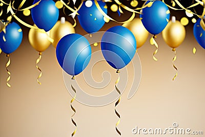 Multicolored balloons, helium balls, bokeh. Party time. Yellow sparkles. Generative AI Stock Photo