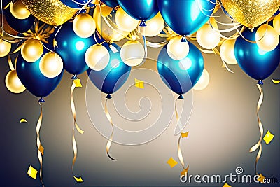 Multicolored balloons, helium balls, bokeh. Party time. Yellow sparkles. Generative AI Stock Photo