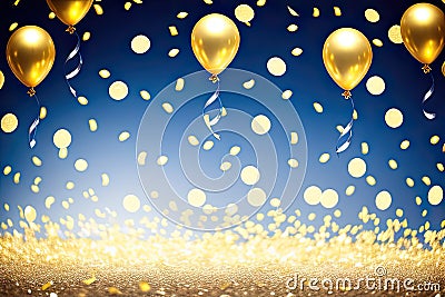 Multicolored balloons, helium balls, bokeh. Party time. Yellow sparkles. Generative AI Stock Photo