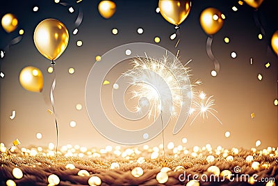 Multicolored balloons, helium balls, bokeh. Party time. Yellow sparkles. Generative AI Stock Photo