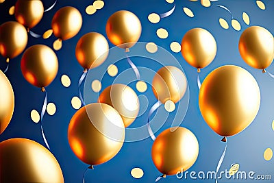 Multicolored balloons, helium balls, bokeh. Party time. Yellow sparkles. Generative AI Stock Photo