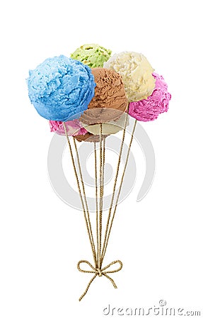 Multicolored balls of delicious vanilla ice cream in the form of sublime balls isolated on a white background. Cartoon Illustration