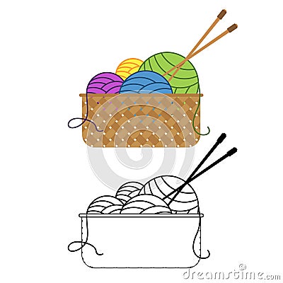 Multicolored balls of yarn lie in a basket with knitting needles Vector illustration Cartoon Illustration