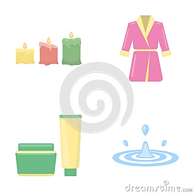 Multicolored burning candles, a pink robe with a yellow belt and a collar, a tube with cream and a jar with an ointment Vector Illustration