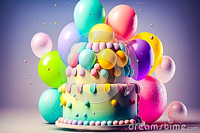Multicolored cake surrounded by balloons and confetti Generative AI Stock Photo