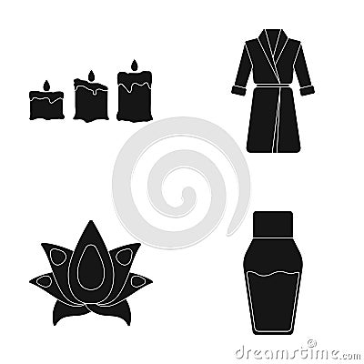 Multicolored candles with a flame, a blue robe with a belt, a lotus flower with petals, a bottle of cream. Spa set Vector Illustration