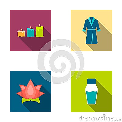 Multicolored candles with a flame, a blue robe with a belt, a lotus flower with petals, a bottle of cream. Spa set Vector Illustration