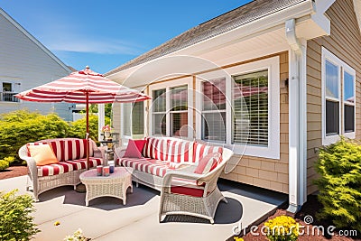 a multicolored cape cod with sizable porch housing patio furniture Stock Photo