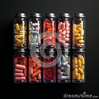 Multicolored capsules and pills, drugs in the glass jars with grey lids on a flat background. Pastel colors of pills in the bottle Stock Photo