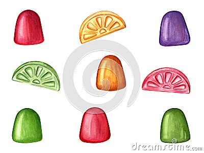 Multicolored caramel in the form of fruit slices, jelly. Bonbons, candy, lollipops, sugar, sweet, drop. Watercolor illustration Cartoon Illustration