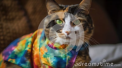 A multicolored cat wearing a colorful shirt. AI generative image. Stock Photo