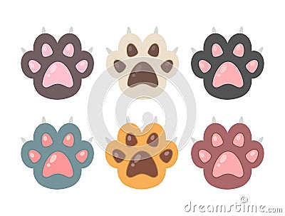 Multicolored cats paws isolated on white background. Vector Illustration